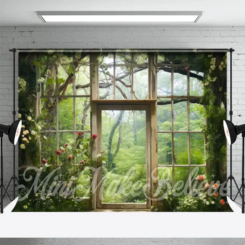 Retro Wood Door Green Forest Floral Spring Backdrop - Aperturee