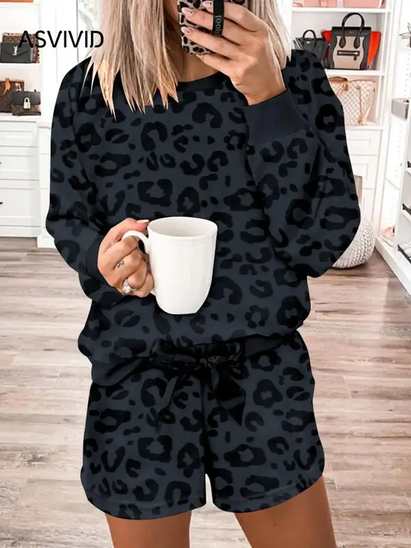 Women's All Over Leopard Print Bow Decor Lounge Set, Casual Striped Comfy Drop Shoulder Round Neck Sweatshirt & Elastic Waist...
