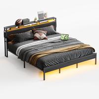 Pinmoco Bed Frame with Hidden Storage Headboard, PU Leather Platform Bed with 2 Dustproof Drawers, 2 Tier Shelves with Chargi...