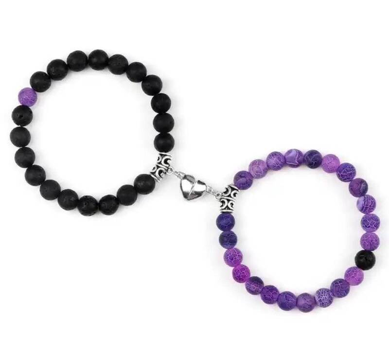 2 Pcs Couples Bracelet Magnetic Healing Stone Stretch Cord Friendship Bracelet for Men & Women