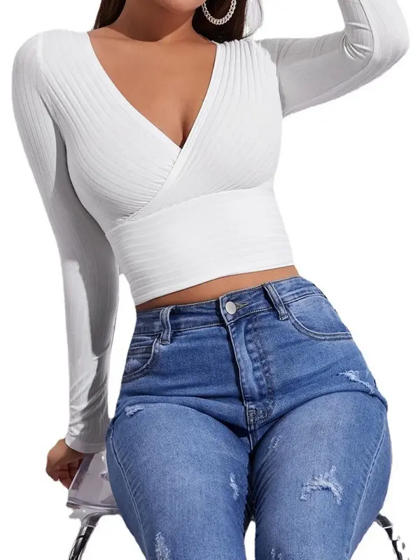 Women's Y2k Plain Wrap V Neck Crop Tee, Fashion Casual Long Sleeve Ribbed Slim-fitting T-Shirt for Spring & Fall, T Shirts ...