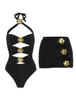 Women's Halter One-piece Swimsuit & Cut Out Swim Skirt Set, Solid Tie Backless Criss Cross Swim Bodysuit & Cover Up Swimming ...