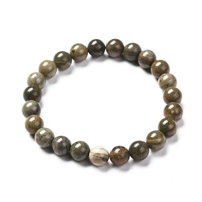 Natural Silver Leaf Jasper Round Beads Stretch Bracelet for Men Women