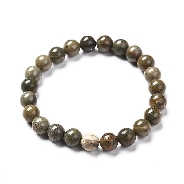 Natural Silver Leaf Jasper Round Beads Stretch Bracelet for Men Women