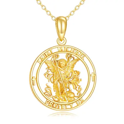 14K Gold Cross & St. Michel Pendant Necklace with Engraved Word for Men