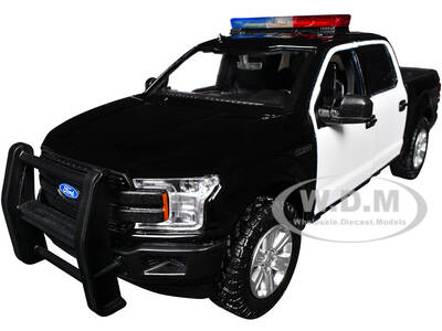 2019 Ford F-150 Lariat Crew Cab Pickup Truck Black and White with Flashing Light Bar and Front and Rear Lights and Sounds 1/2...