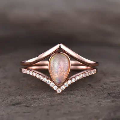 Pear Natural Pink Opal Engagement Ring Set Plain Gold 14k/18k Shaped Band