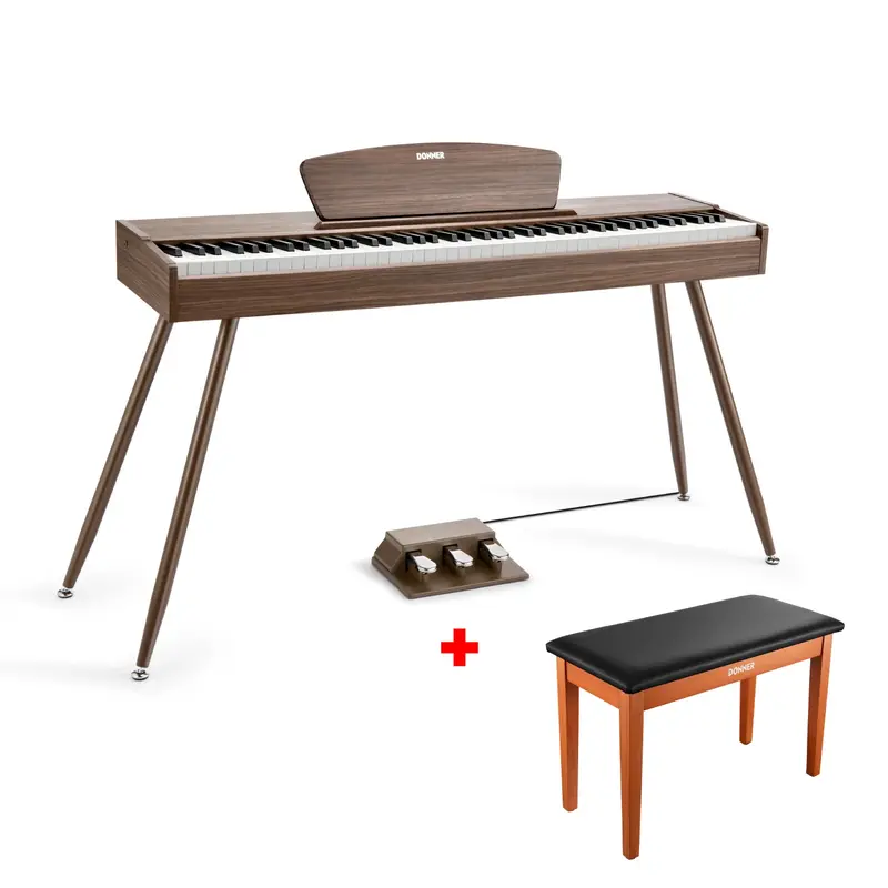 Donner DDP-80 Wooden Digital Piano - Walnut / Piano+Wooden Two Seated Bench