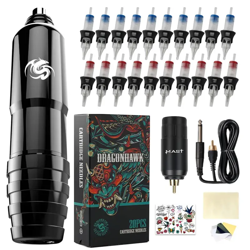 Dragonhawk Complete Tattoo Kits Rotary Tattoo Machine Battery Tattoo Needles D1013-4