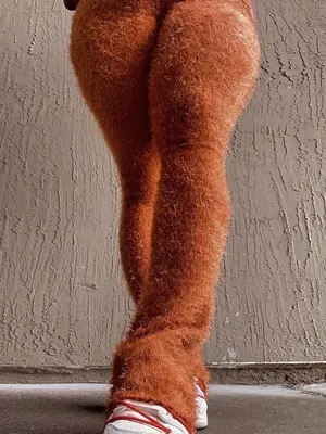 Women's Plain Fuzzy Flare Leg Pants, Fashionable High Waist Bell Bottom Trousers For Fall & Winter, Women's Bottoms For Daily...