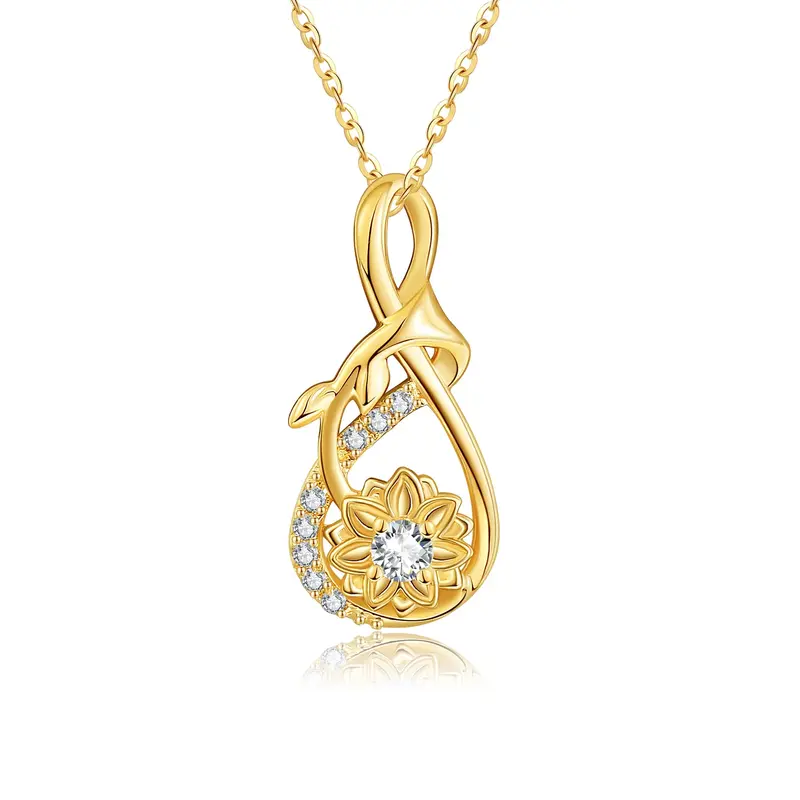 14K Yellow Gold Circular Cubic Zirconia Sunflower Pendant Necklace