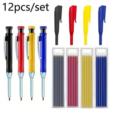 Woodworking Pencil Set, 12pcs/set Including 4 Woodworking Lead Pencils & 4 Pen Clips & 4 Sets Refills, Multi-color Woodworkin...