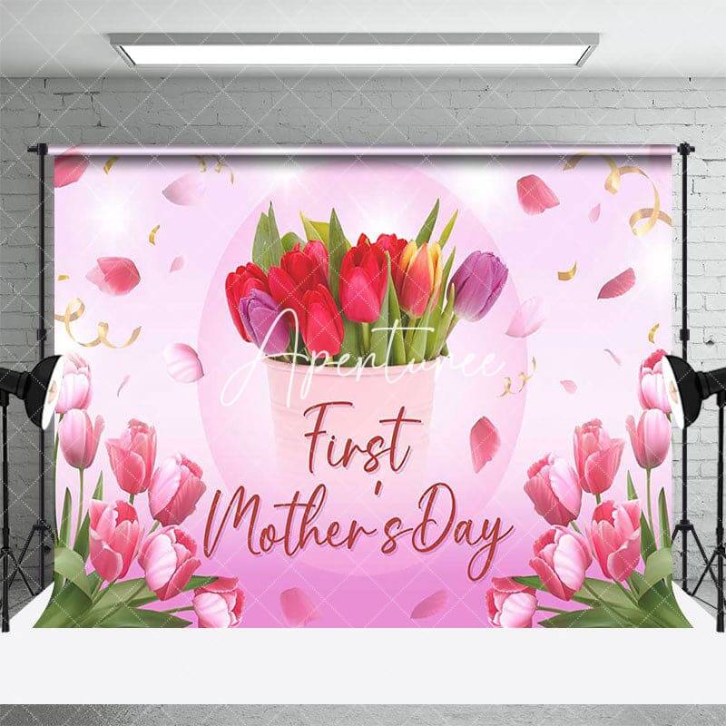 Aperturee Pink Floral Ribbons Happy First Mothers Day Backdrop, 3X2FT(1MX0.6M), 14 USD, mothers day backdrops, ZHF426A-M