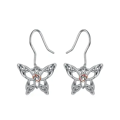Sterling Silver Two-tone Butterfly & Celtic Knot Drop Earrings