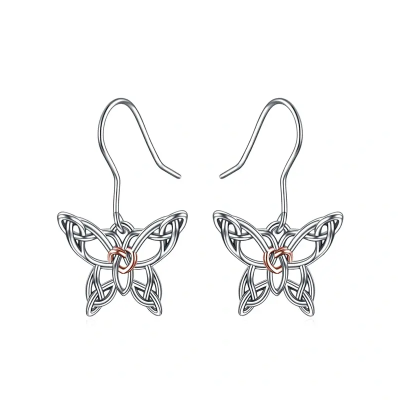 Sterling Silver Two-tone Butterfly & Celtic Knot Drop Earrings