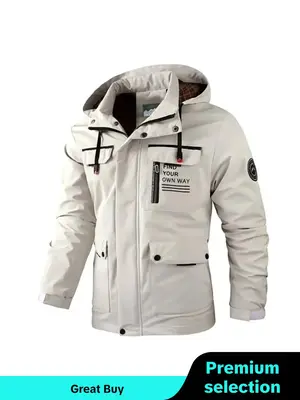 Men's Letter Print Patched Drawstring Hooded Jacket, Casual Windproof Waterproof Lightweight Zip Up Outerwear for Outdoor Act...