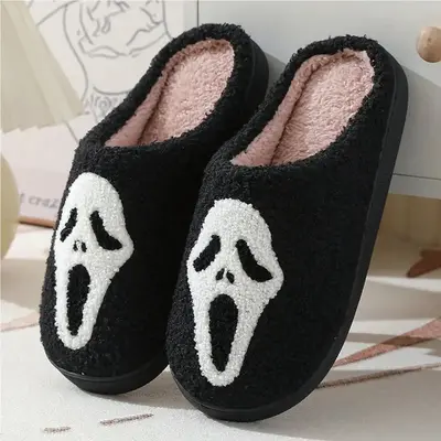 Halloween Ghost Plush Slippers for Women & Men | Spooky Cozy Fluffy Indoor/Outdoor House Shoes | Trendy Scary Face Design