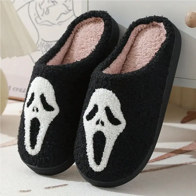 Halloween Ghost Plush Slippers for Women & Men | Spooky Cozy Fluffy Indoor/Outdoor House Shoes | Trendy Scary Face Design