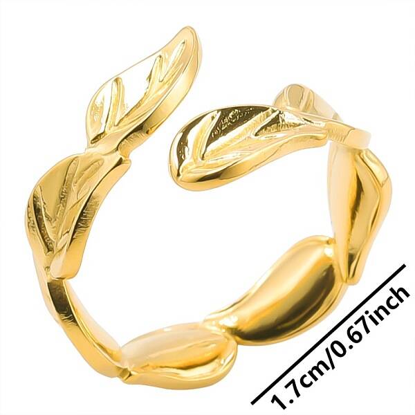 Simple Stainless Steel Leaf Open Cuff Ring for Women Men