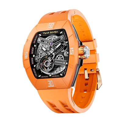 TSAR BOMBA Men's Automatic Skeleton Watch | Interchangeable Luxury Design | Dynamic Orange | Atomic TB8218 | Fluororubber
