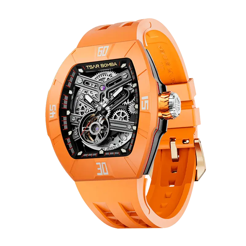 TSAR BOMBA Men's Automatic Skeleton Watch | Interchangeable Luxury Design | Dynamic Orange | Atomic TB8218 | Fluororubber
