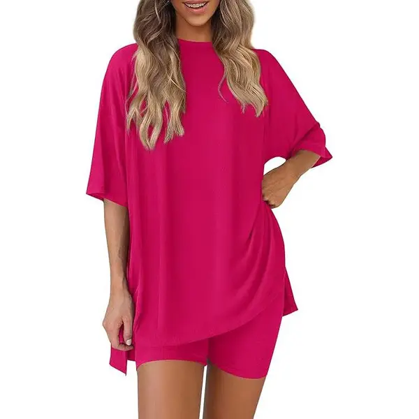 Women's Summer Two-Piece Set 2025 Casual Oversized Crewneck Split Hem Shirts & Side Pocket Biker Shorts Minimalist Lounge Wea...