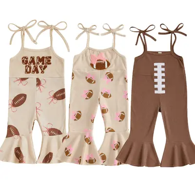 Toddler Baby Girls Football Bell Bottom Jumpsuit Game Day Embroidery Rugby Print Sleeveless Tie Up Strap Overalls Outfits