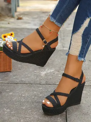 Women's Fashion Criss Cross Strap Design Wedge Sandals, Girl Casual Comfort Thick Sole Sandals for Summer, Lightweight Breath...