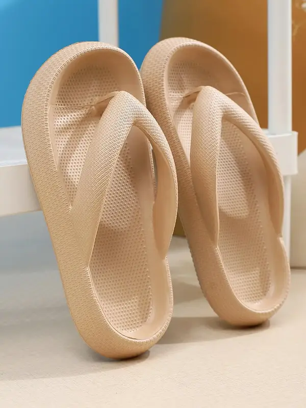 Summer 2024 Simple Plain Textured Thick Sole Non-slip Flip Flops Comfort Sandals, Casual Vacation Beach Walking Shoes for Bea...