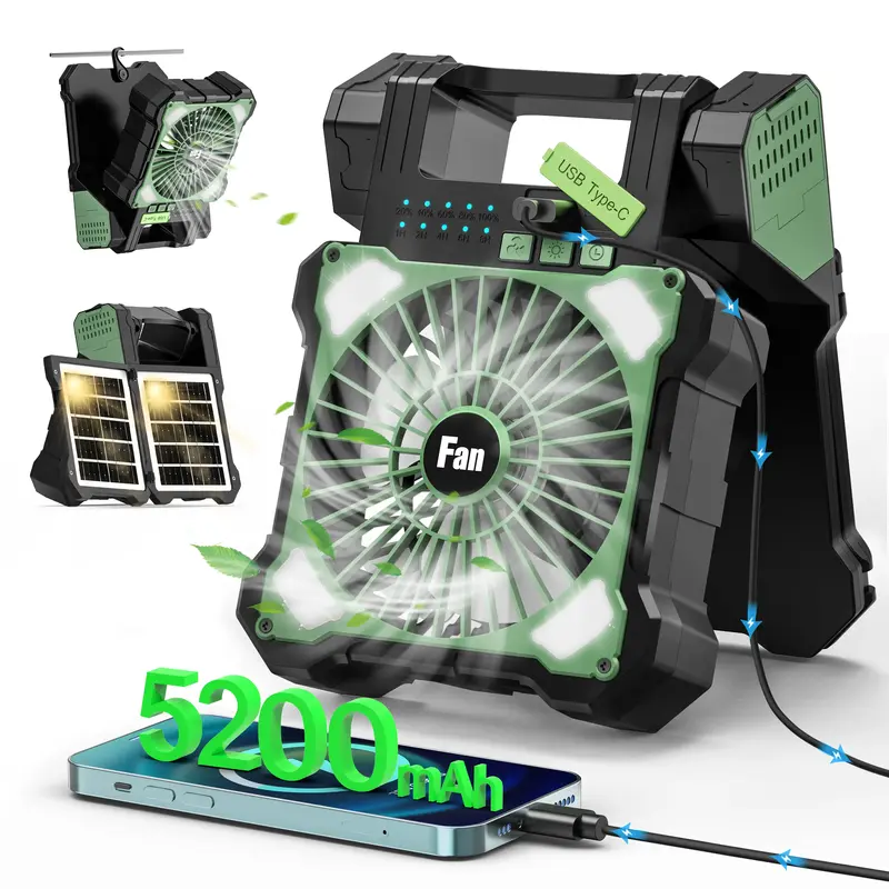 Solar Powered Camping Fan for Tent Rechargeable Battery Operated Tent Fan with LED Light, Hanging Hook,Timer, 5 Speed Portabl...