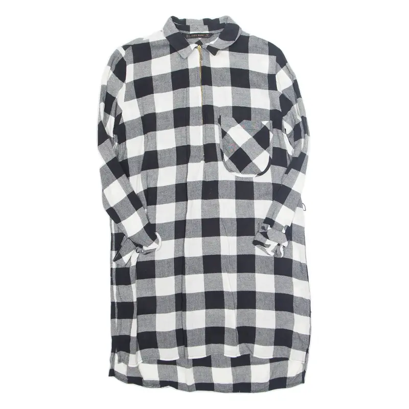 ZARA Womens Shirt Dress Black Check Long Sleeve Knee Length S