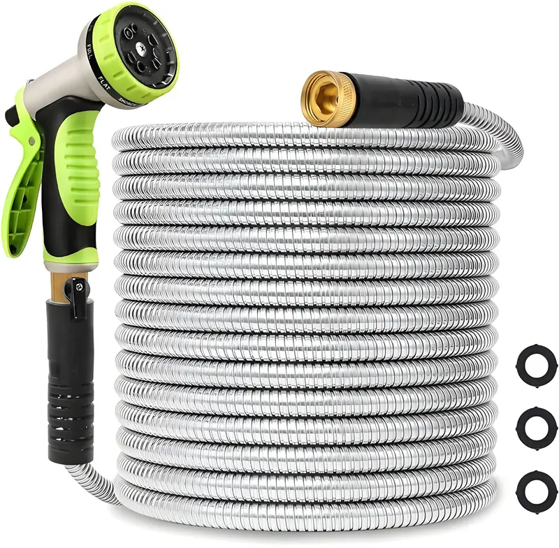100ft Metal Garden Hose Stainless Steel Hose Heavy Duty Flexible Water Hose with 10 Way Spray Nozzle 3/4 Solid Brass Fittings...