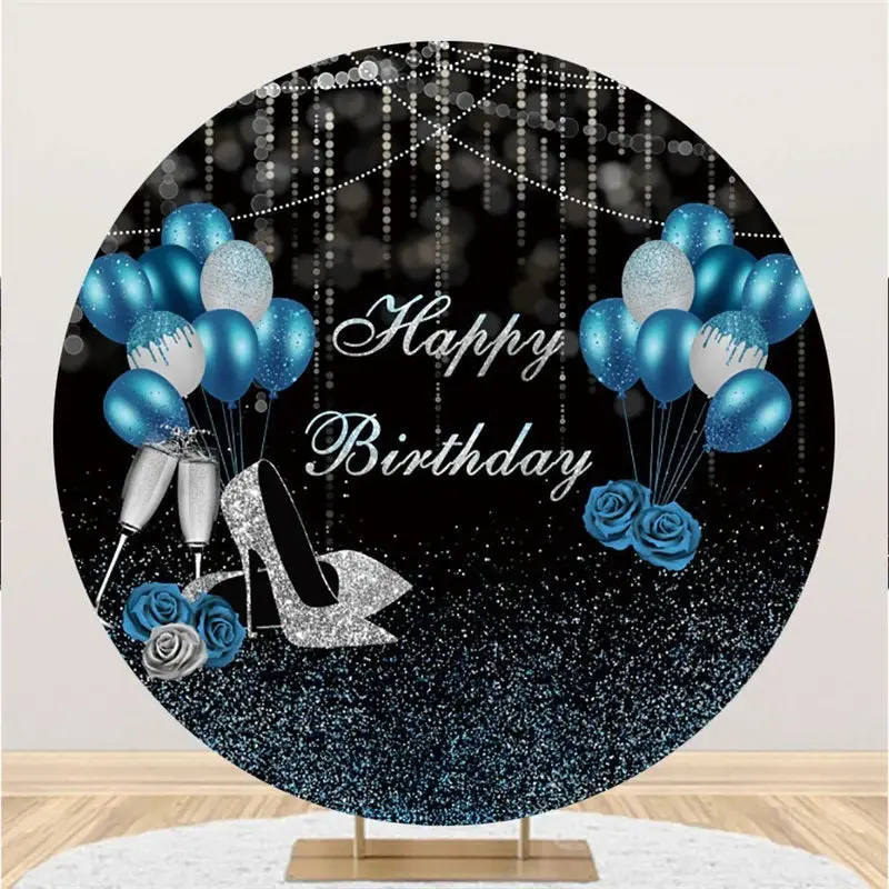 Aperturee Blue Silver Black Balloon Round Happy Birthday Backdrop | Round Backdrop Fabric Cover | Round Party Banner | Custom...