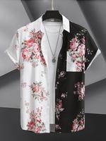 Men's Colorblock Floral Print Button Front Pocket Shirt, Printed Summer Clothes, Short Sleeve Collared Button Up Top for Summ...