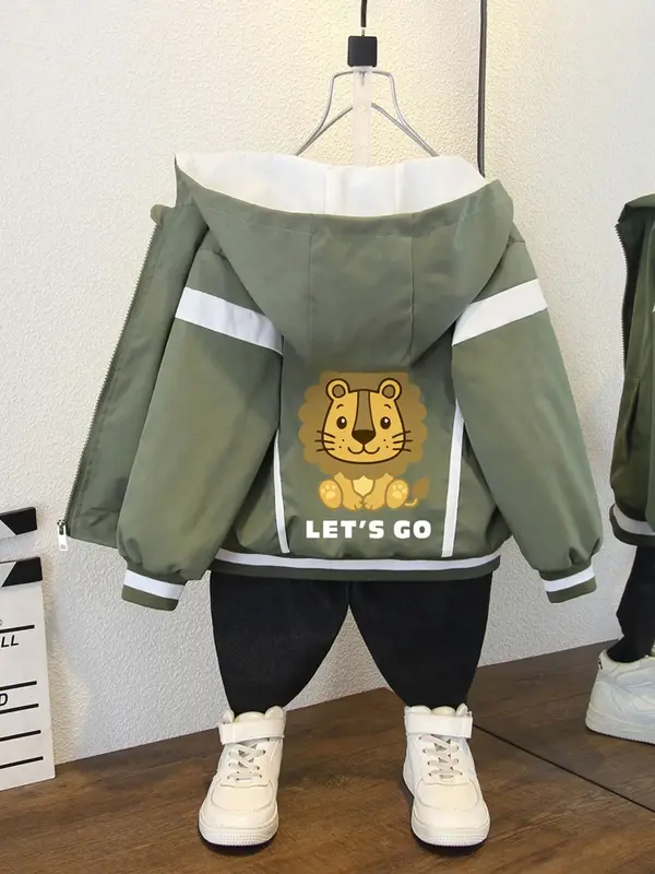 Boy's Cartoon Lion Print Hooded Jacket, Casual Long Sleeve Zip Up Outerwear for Spring & Fall, Kids Clothes for Daily Wear