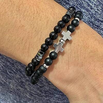 2Pcs 2 Style Non-magnetic Synthetic Hematite Bead Stretch Bracelets Set