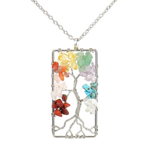 Platinum Tone Copper Wire Gemstone Chips Pendant Necklaces