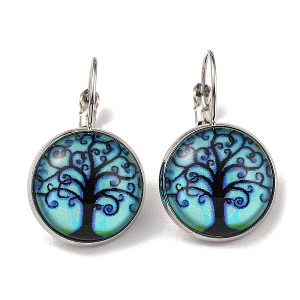 Tree of Life Glass Leverback Earrings with Brass Earring Pins