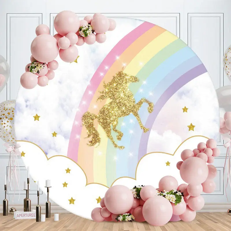 Aperturee Glitter Horse Rainbow And Star Circle Birthday Backdrop