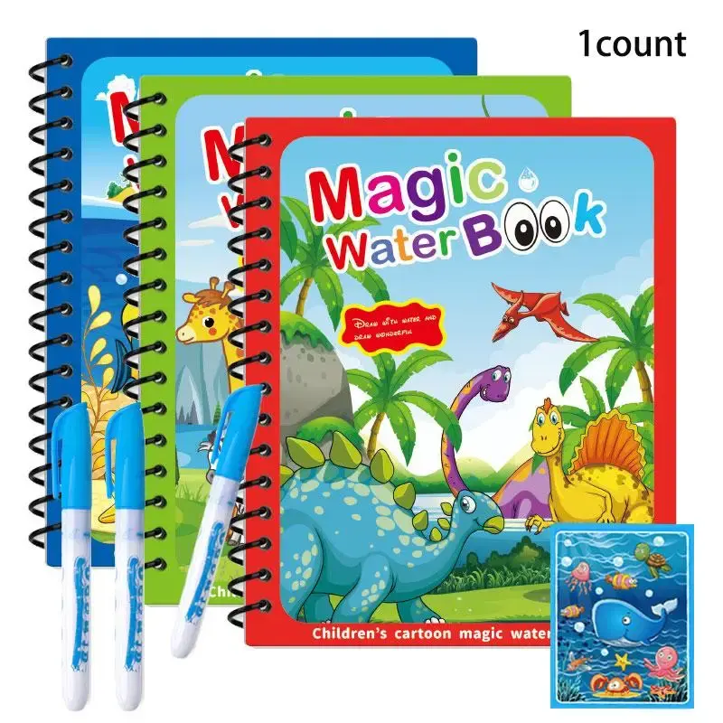 Reusable Magic Watercolor Book with Colorful Pens, 1 Count Educational Toy for Kids, 3 Styles Ocean Animal Dinosaur, Perfect ...