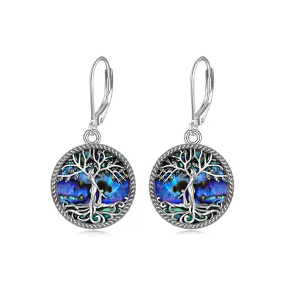 Sterling Silver Circular Shaped Abalone Shellfish Tree Of Life Lever-back Earrings