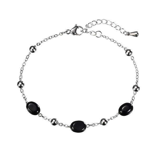 Real 18K Gold Plated Stainless Steel Black Agate Handmade Chain Bracelets for Women