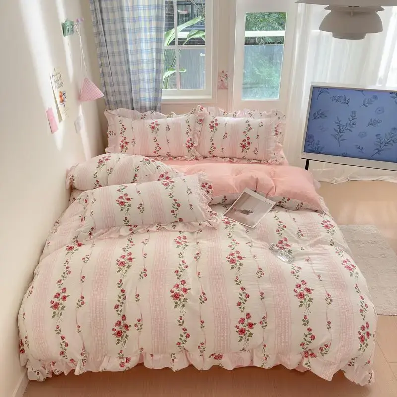 Floral Pattern Duvet Cover Set, 4 Counts/set Including 1 Duvet Cover & 1 Flat Sheet & 2 Pillowcase without Filler, Fluffy Duv...