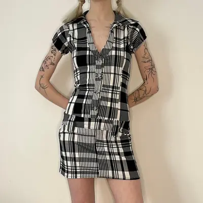 Unbranded Checked Mini Dress - XS Black & White Cotton Blend