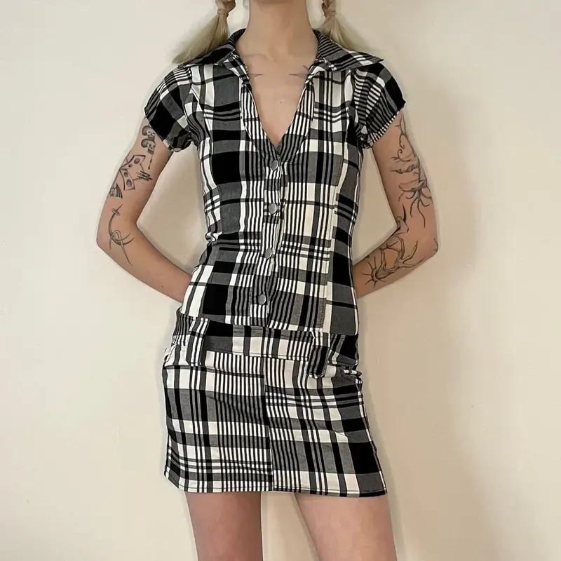 Unbranded Checked Mini Dress - XS Black & White Cotton Blend
