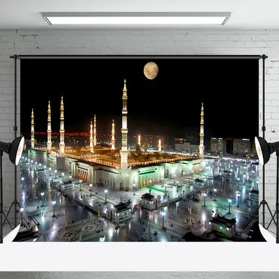 Aperturee Tranquil Nighttime Mosque Moonlit Glows Backdrop