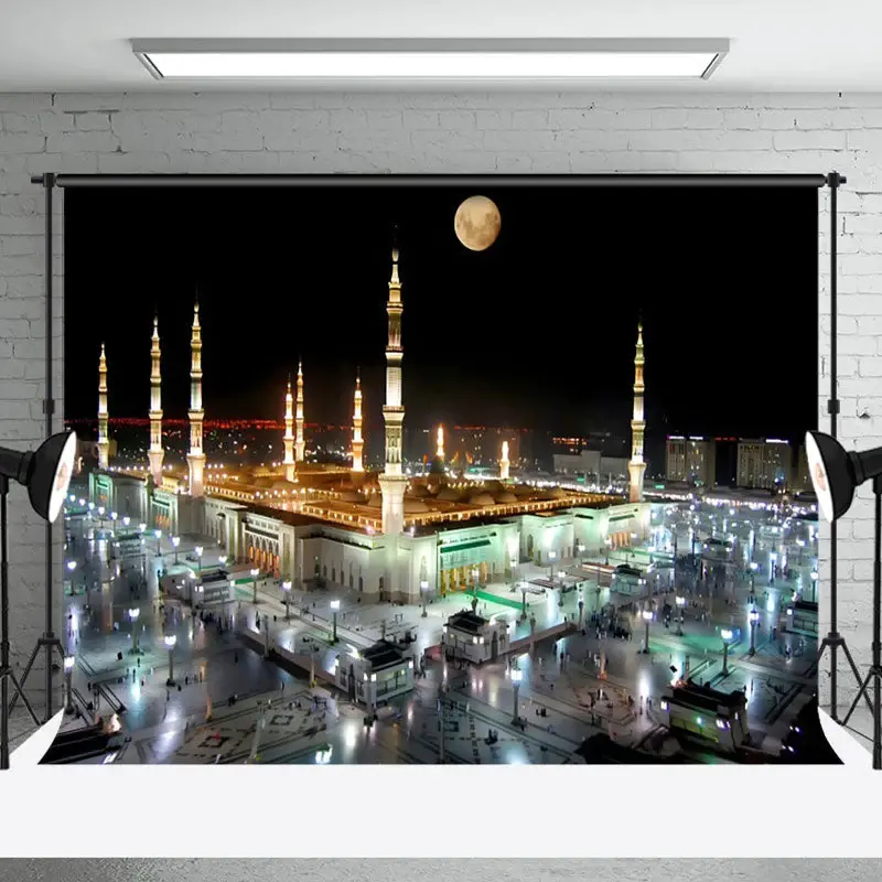 Aperturee Tranquil Nighttime Mosque Moonlit Glows Backdrop