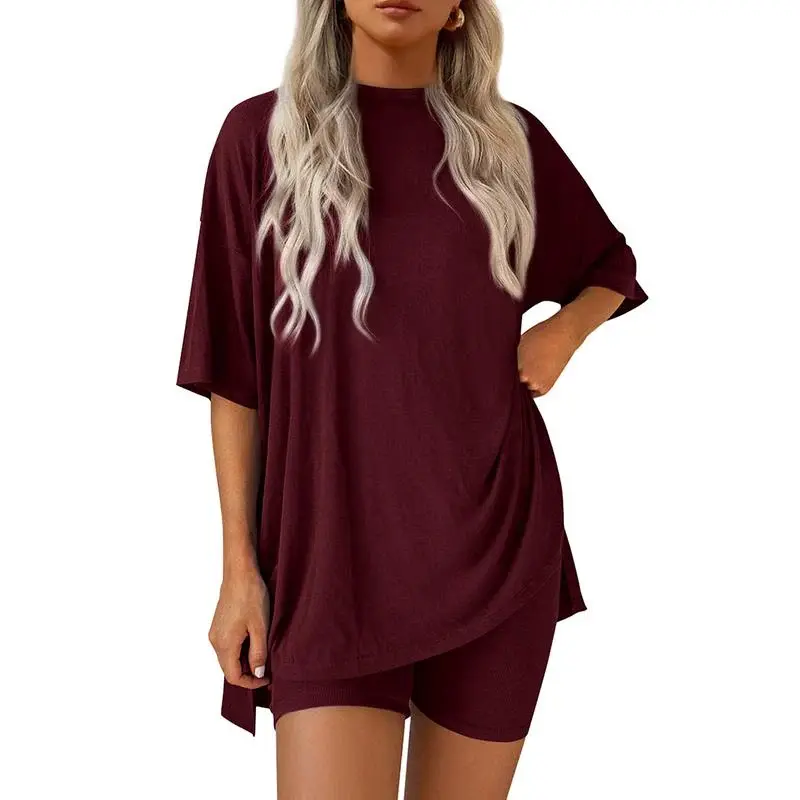 Women's Summer Two-Piece Set 2025 Casual Oversized Crewneck Split Hem Shirts & Side Pocket Biker Shorts Minimalist Lounge Wea...