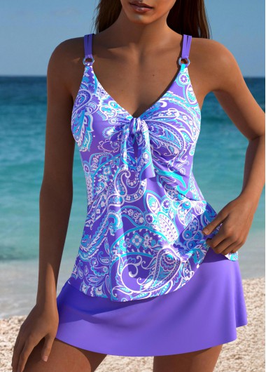 Modlily Tummy Coverage Mid Waisted Paisley Print Purple Tankini Set - L