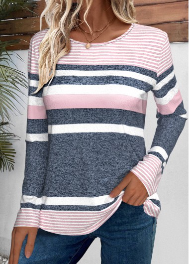Modlily Pink Striped Long Sleeve Round Neck T Shirt - XXL